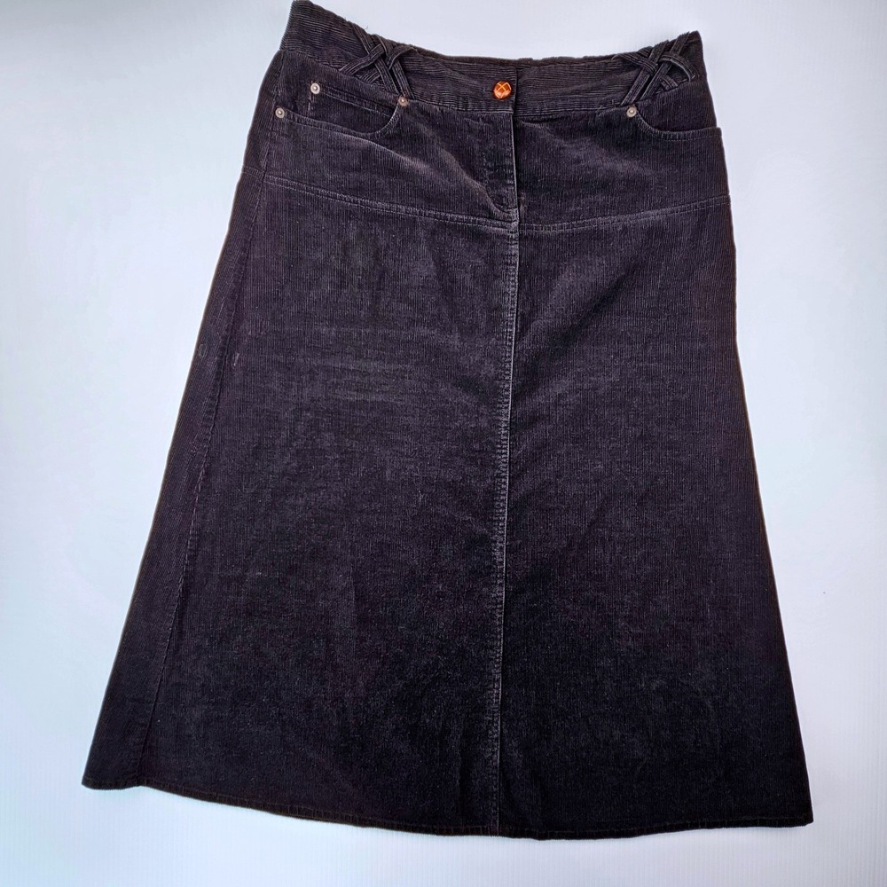 H&M Black Corduroy Midi A-Line Skirt Lattice Waist 70s Retro Dark Academia 14